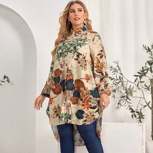 Plus Floral Print Dip Hem Tunic Blouse